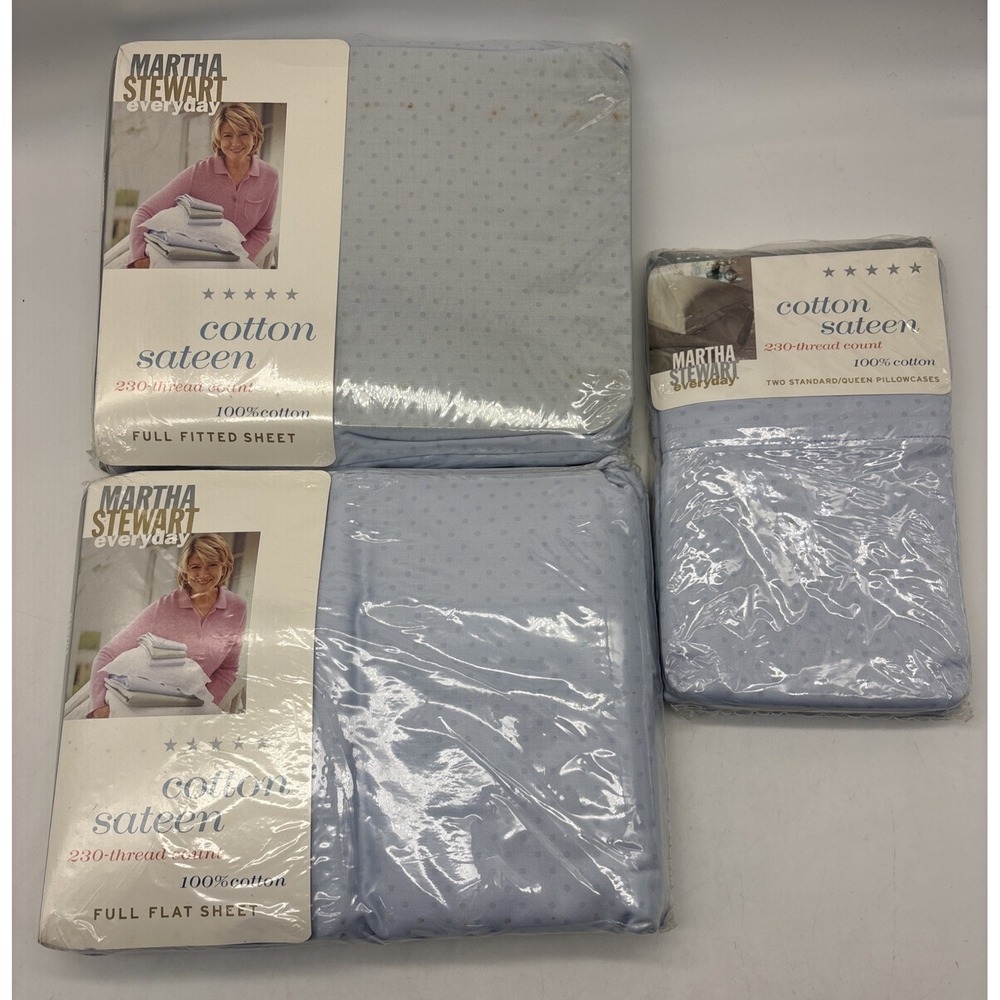 Martha Stewart 230 Count Blue Fitted & Flat Full Sheet Set Two Pillow Cases Dots